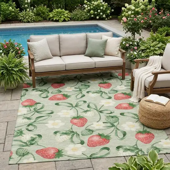 Green And Red Floral Washable Indoor Outdoor Area Rug Photo 1