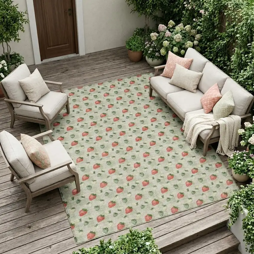 Green And Red Floral Washable Indoor Outdoor Area Rug Photo 1
