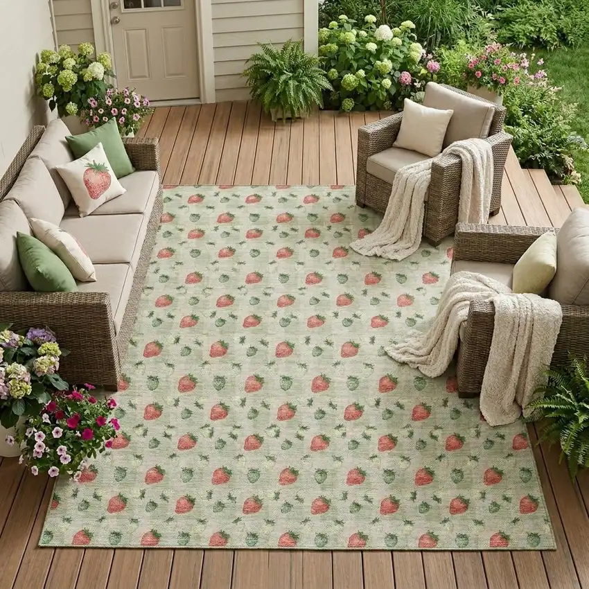 Green And Red Floral Washable Indoor Outdoor Area Rug Photo 1