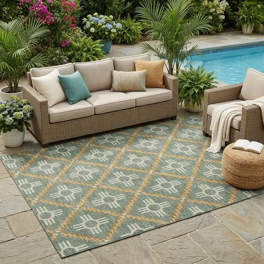 Green And Red Geometric Washable Indoor Outdoor Area Rug Photo 1