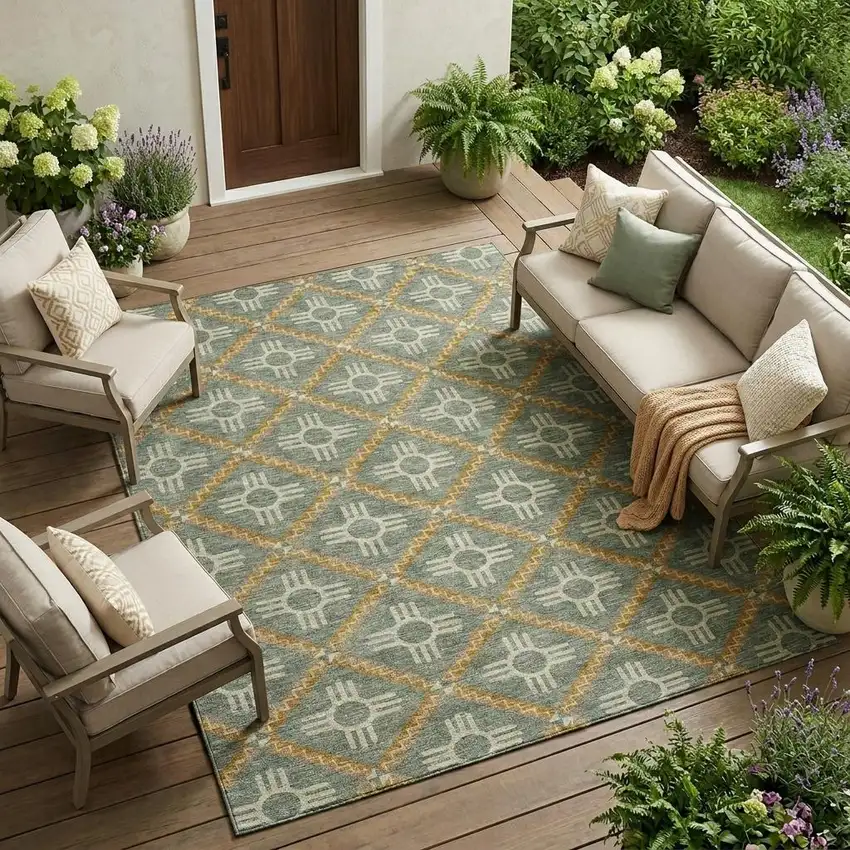 Green And Red Geometric Washable Indoor Outdoor Area Rug Photo 1