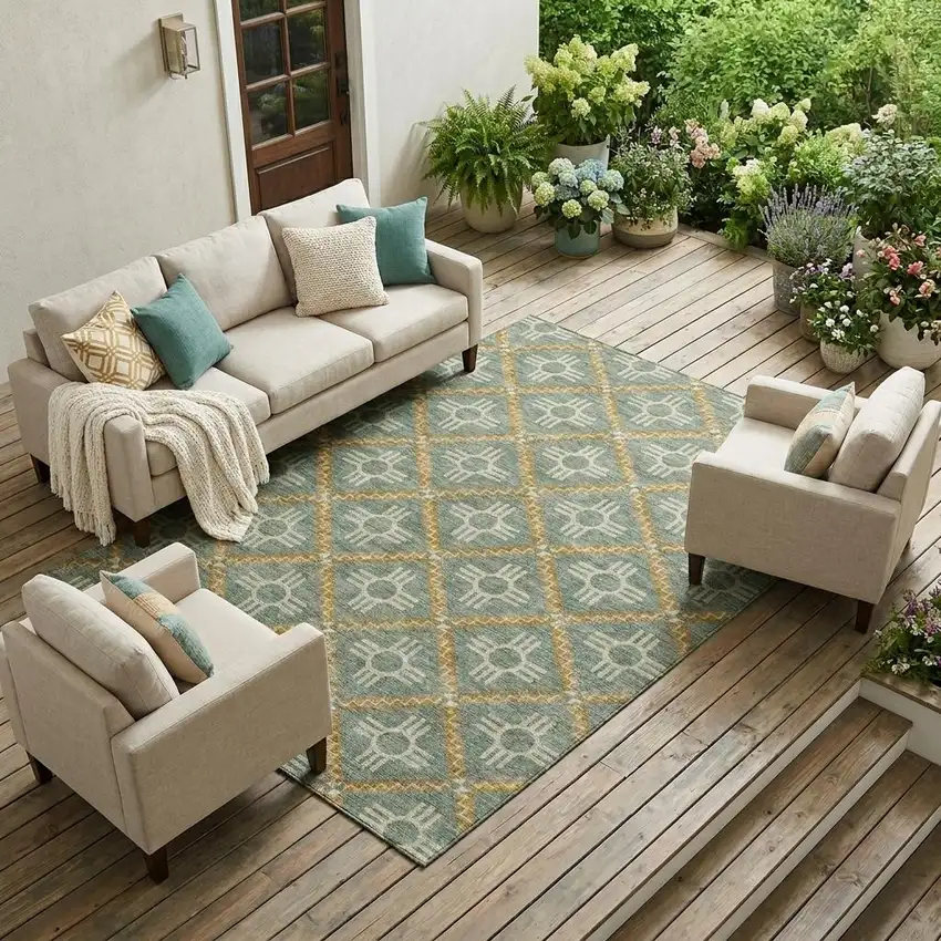 Green And Red Geometric Washable Indoor Outdoor Area Rug Photo 1