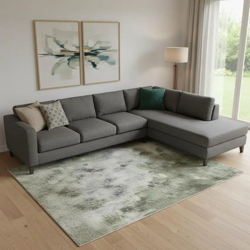 Green And Sage Abstract Washable Area Rug With UV Protection Photo 2