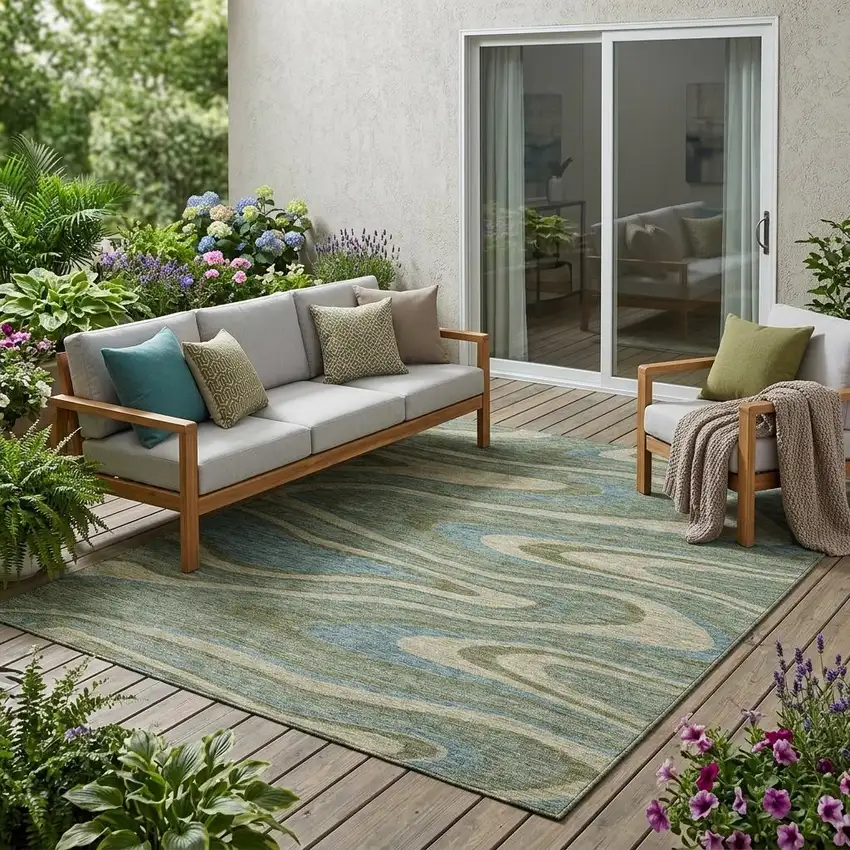 Green And Sage Abstract Washable Indoor Outdoor Area Rug Photo 1