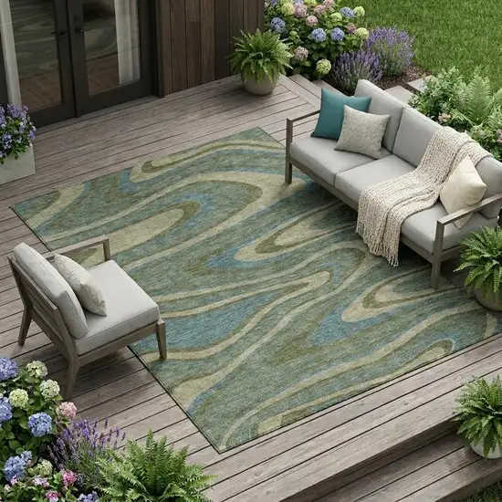 Green And Sage Abstract Washable Indoor Outdoor Area Rug Photo 1