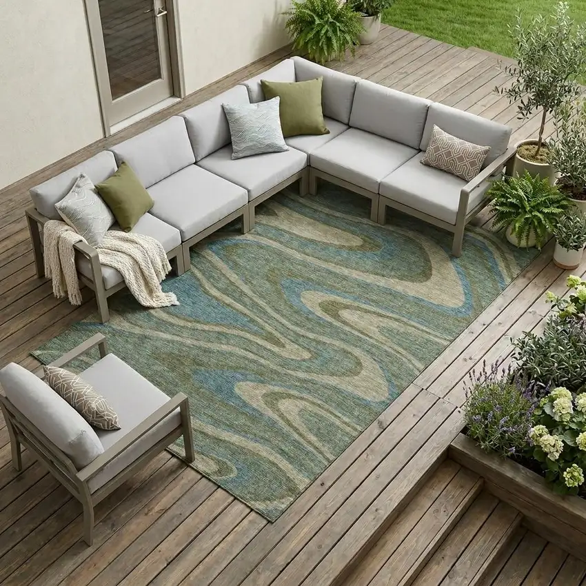 Green And Sage Abstract Washable Indoor Outdoor Area Rug Photo 1
