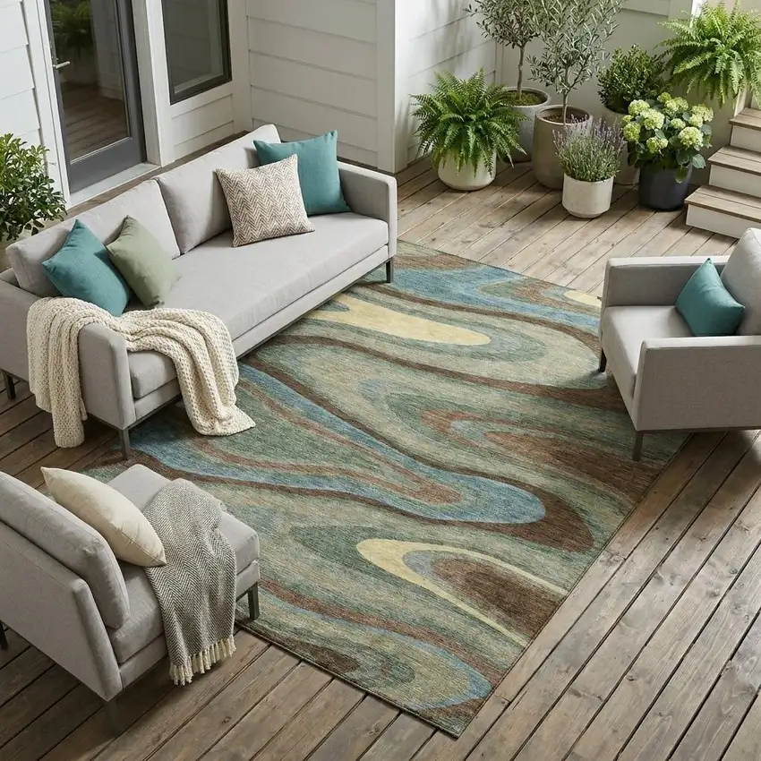 Green And Sage Abstract Washable Indoor Outdoor Area Rug Photo 1