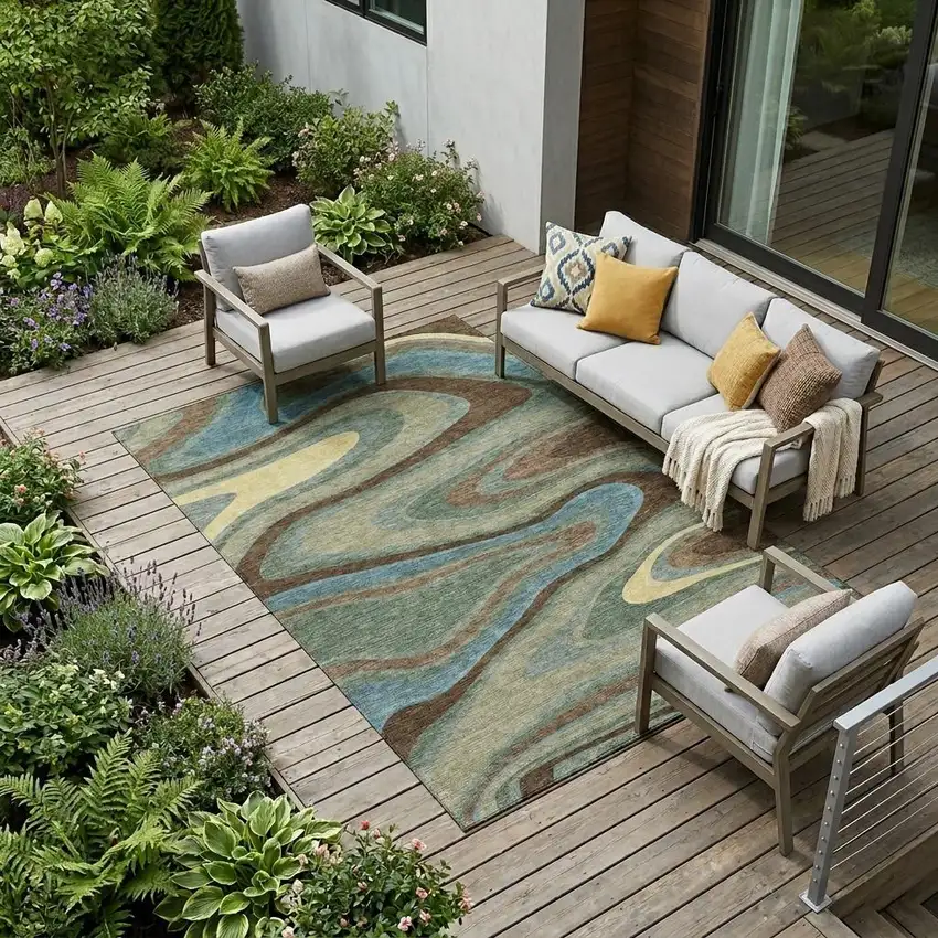 Green And Sage Abstract Washable Indoor Outdoor Area Rug Photo 1