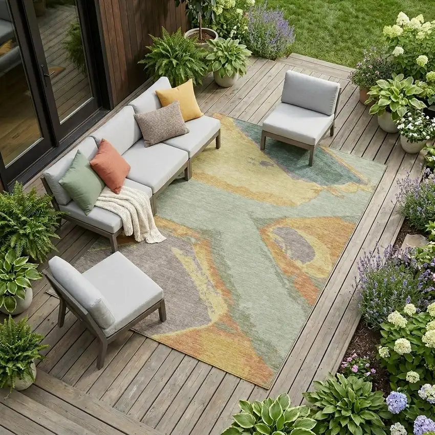 Green And Sage Abstract Washable Indoor Outdoor Area Rug Photo 1