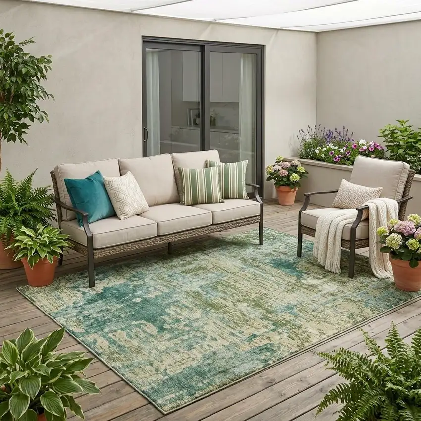 Green And Sage Abstract Washable Indoor Outdoor Area Rug Photo 1