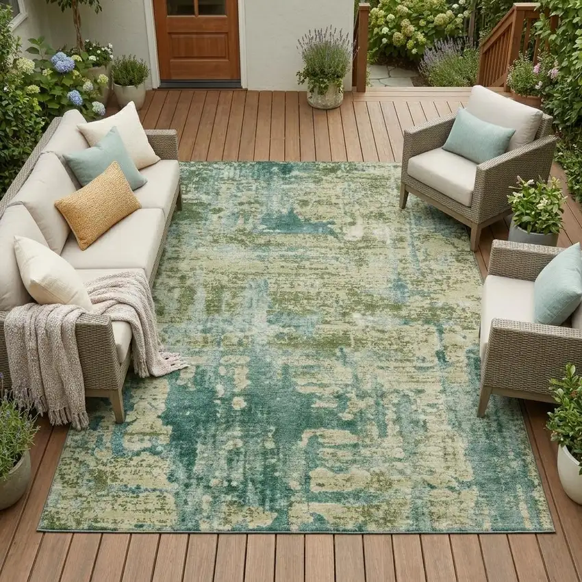 Green And Sage Abstract Washable Indoor Outdoor Area Rug Photo 1