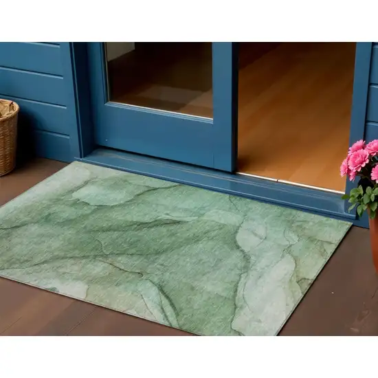 Green And Sage Abstract Washable Indoor Outdoor Area Rug Photo 1