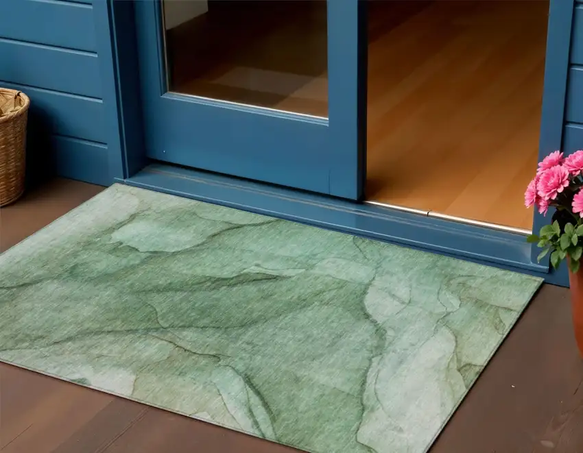 Green And Sage Abstract Washable Indoor Outdoor Area Rug Photo 1