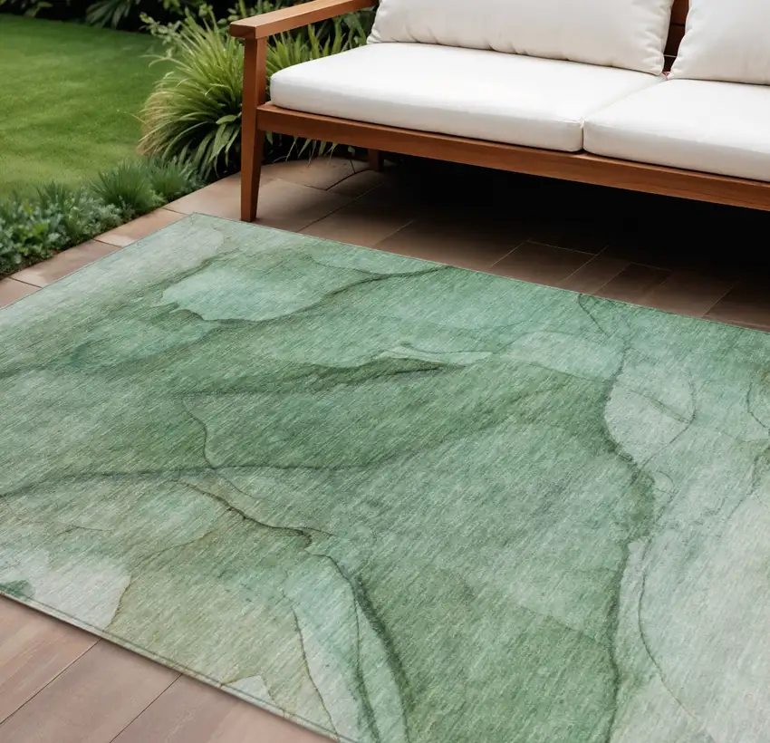 Green And Sage Abstract Washable Indoor Outdoor Area Rug Photo 1
