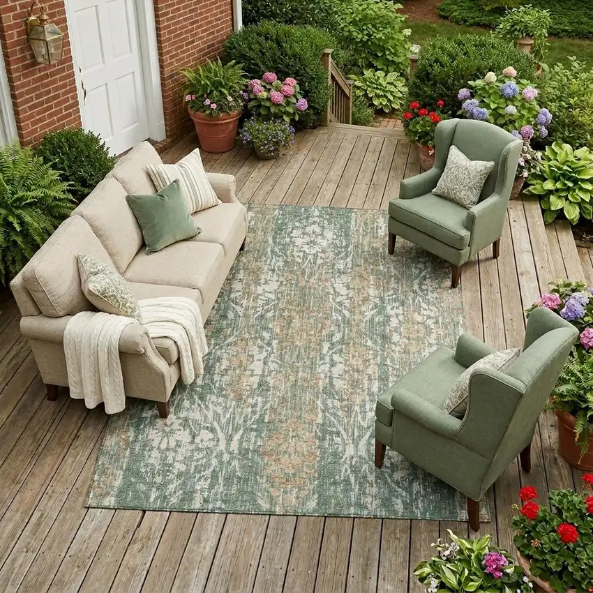 Green And Sage Damask Washable Indoor Outdoor Area Rug Photo 1