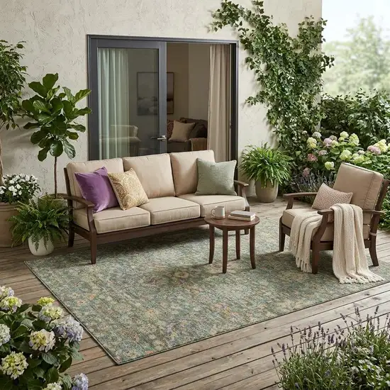 Green And Sage Floral Medallion Washable Indoor Outdoor Area Rug Photo 1