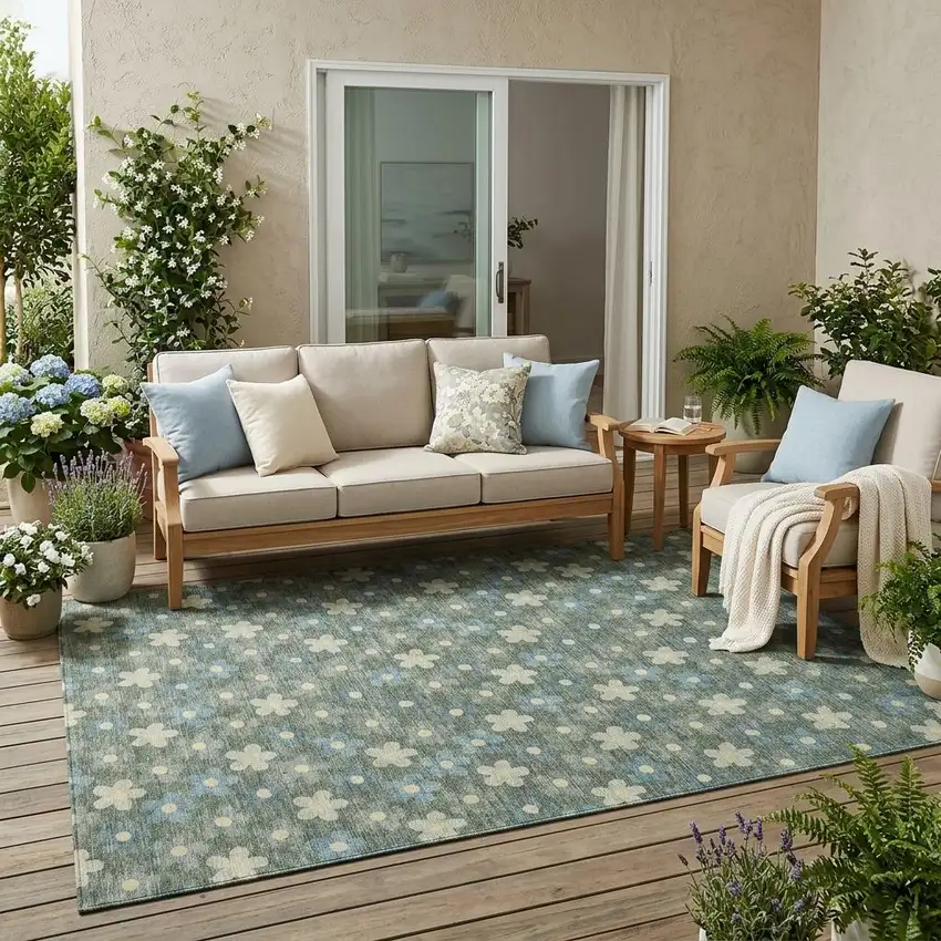 Green And Sage Floral Washable Indoor Outdoor Area Rug Photo 1