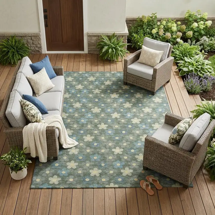 Green And Sage Floral Washable Indoor Outdoor Area Rug Photo 1