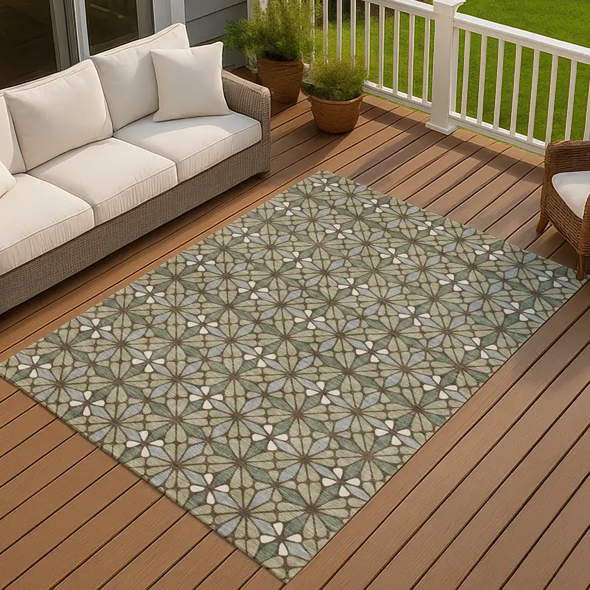 Green And Sage Geometric Washable Indoor Outdoor Area Rug Photo 7