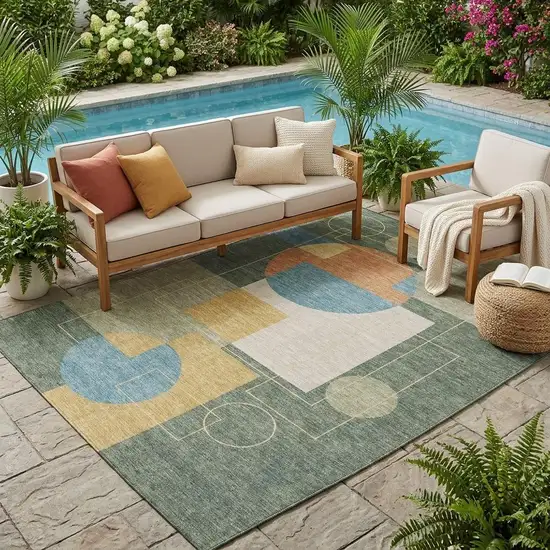 Green And Sage Geometric Washable Indoor Outdoor Area Rug Photo 1