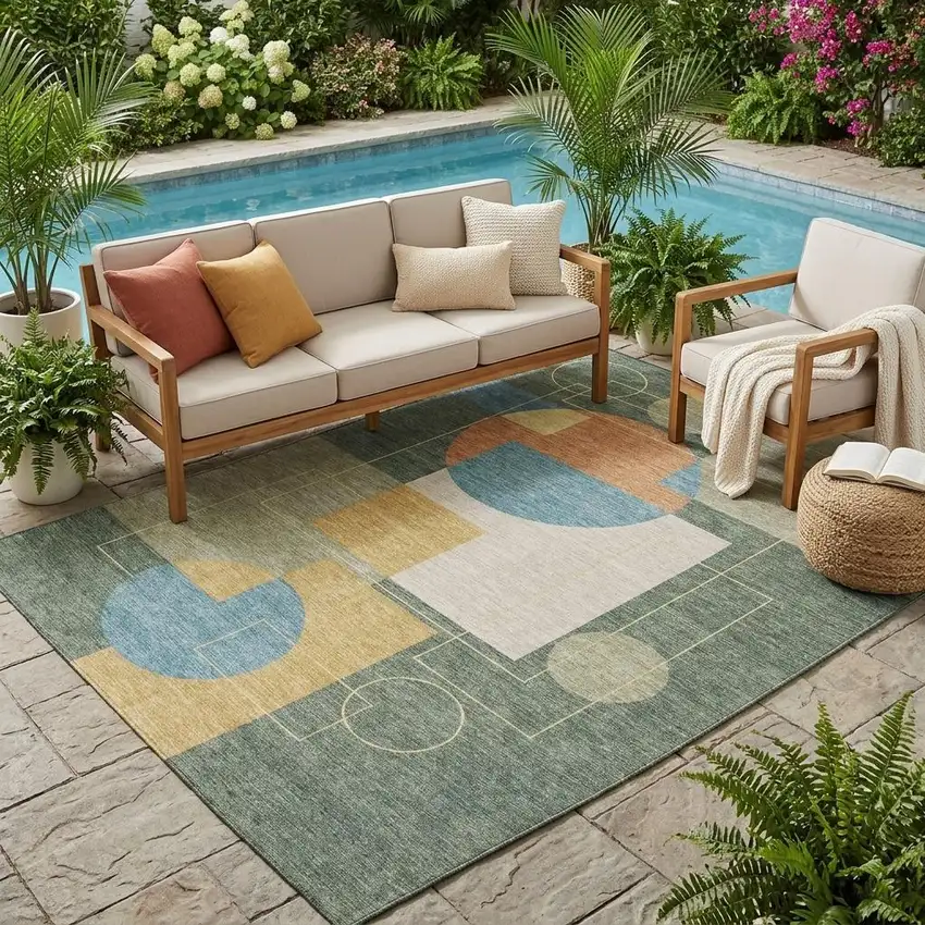 Green And Sage Geometric Washable Indoor Outdoor Area Rug Photo 1