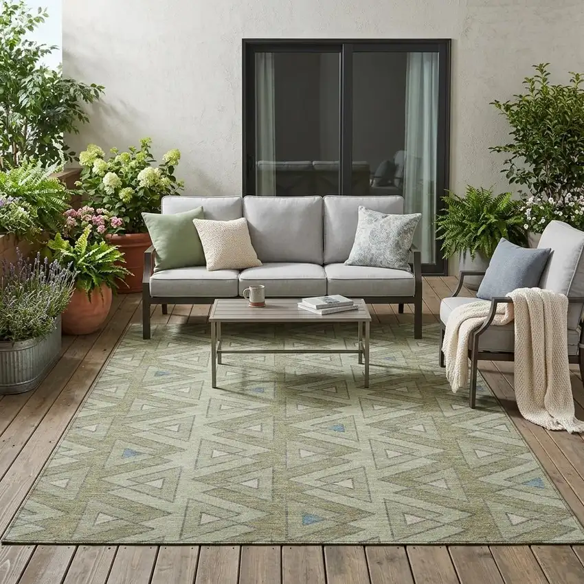 Green And Sage Geometric Washable Indoor Outdoor Area Rug Photo 1