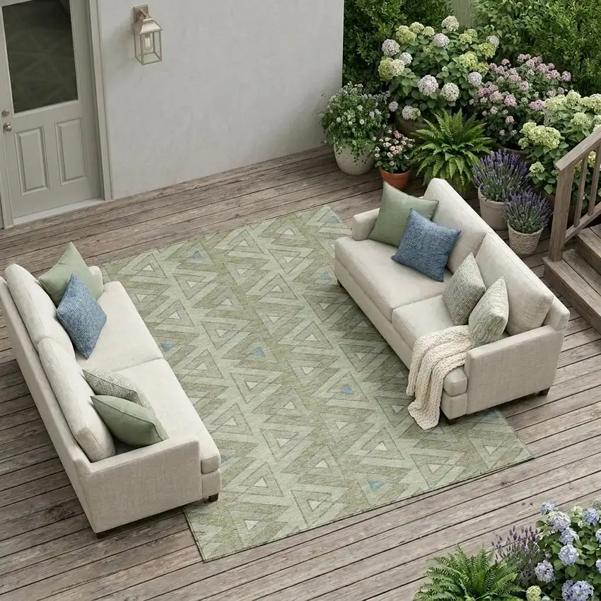 Green And Sage Geometric Washable Indoor Outdoor Area Rug Photo 1