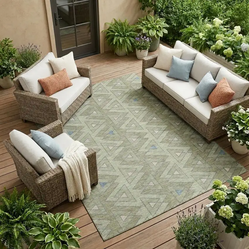 Green And Sage Geometric Washable Indoor Outdoor Area Rug Photo 1