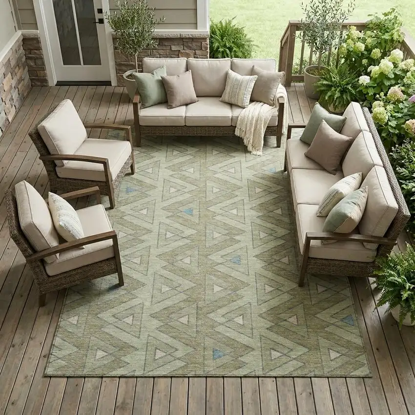 Green And Sage Geometric Washable Indoor Outdoor Area Rug Photo 1