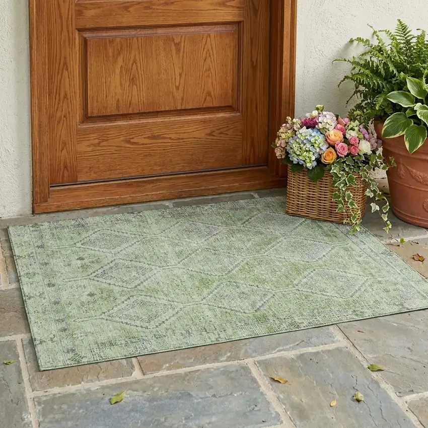 Green And Sage Geometric Washable Indoor Outdoor Area Rug Photo 1