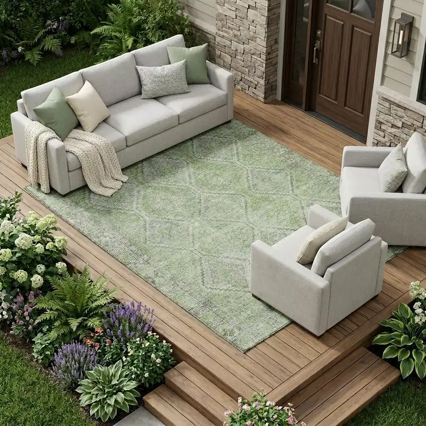 Green And Sage Geometric Washable Indoor Outdoor Area Rug Photo 1