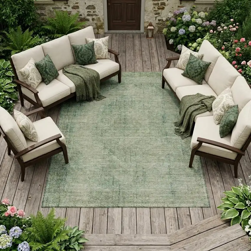 Green And Sage Oriental Washable Indoor Outdoor Area Rug Photo 1