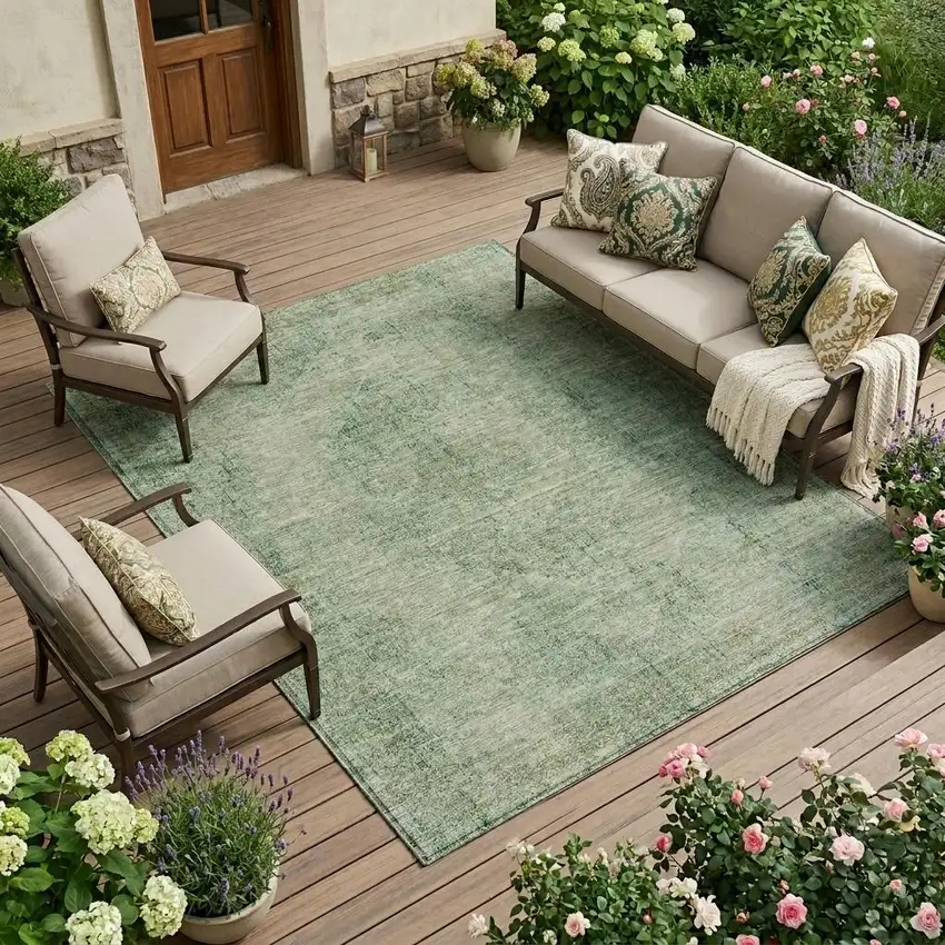 Green And Sage Oriental Washable Indoor Outdoor Area Rug Photo 1