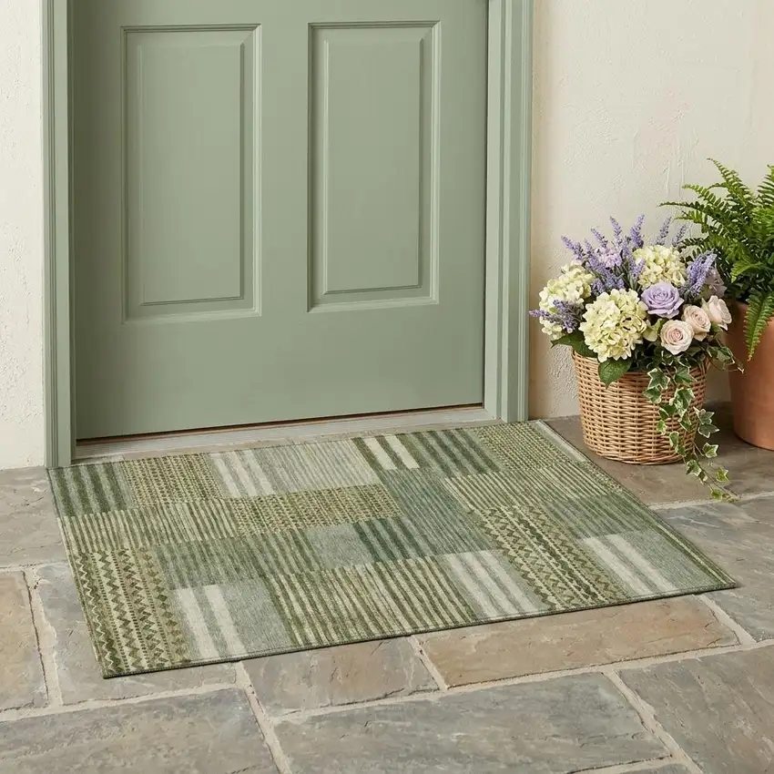 Green And Sage Striped Washable Indoor Outdoor Area Rug Photo 1