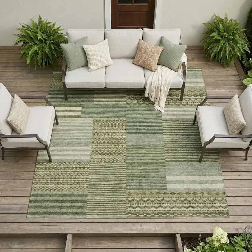 Green And Sage Striped Washable Indoor Outdoor Area Rug Photo 1