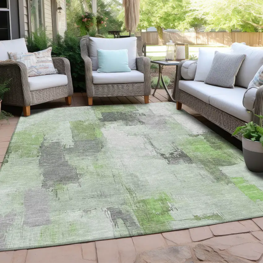 Green And Silver Abstract Washable Indoor Outdoor Area Rug Photo 5