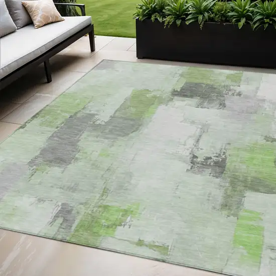 Green And Silver Abstract Washable Indoor Outdoor Area Rug Photo 2