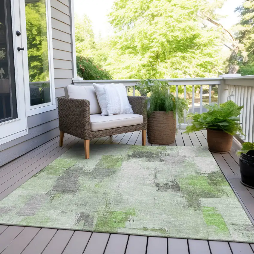 Green And Silver Abstract Washable Indoor Outdoor Area Rug Photo 8
