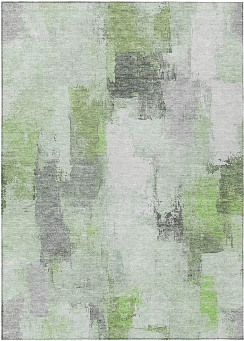 Green And Silver Abstract Washable Indoor Outdoor Area Rug Photo 1