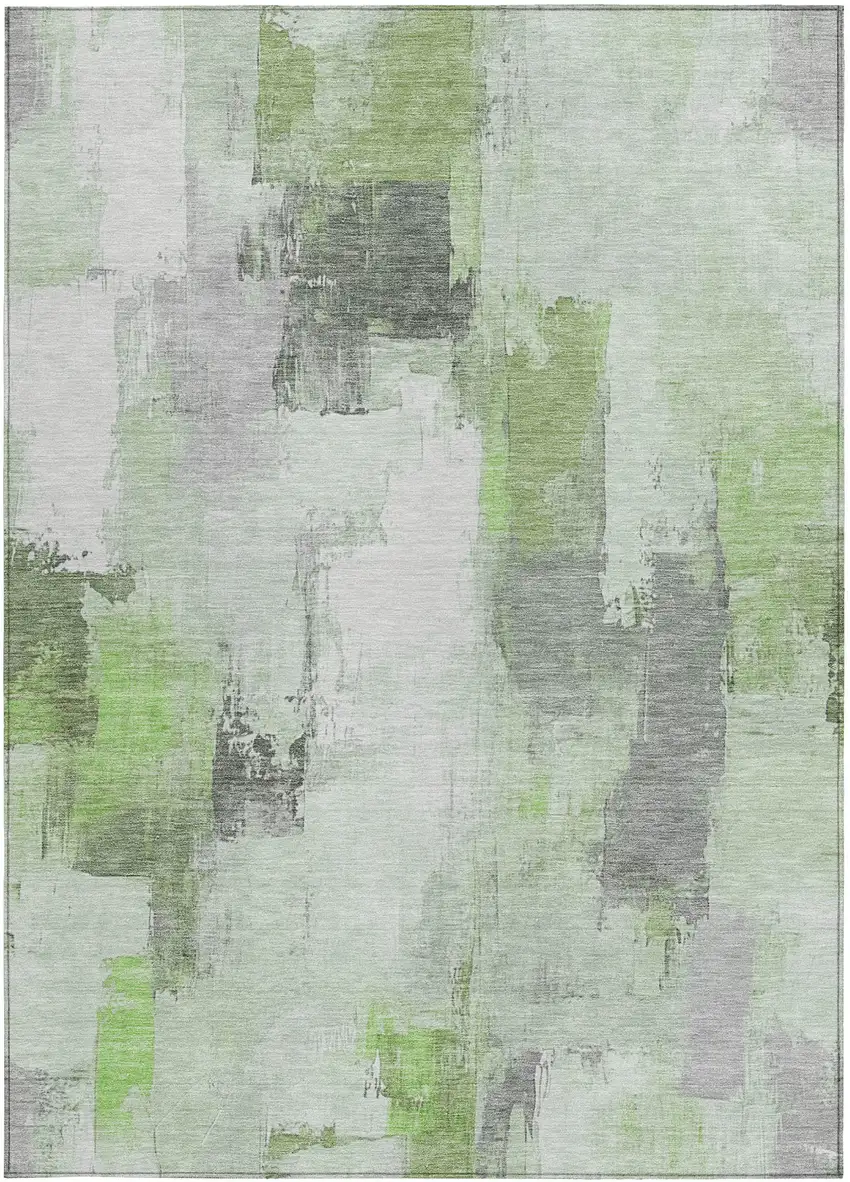 Green And Silver Abstract Washable Indoor Outdoor Area Rug Photo 3