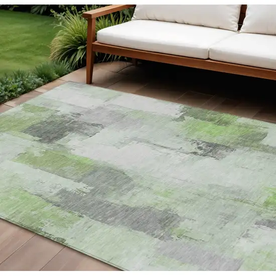 Green And Silver Abstract Washable Indoor Outdoor Area Rug Photo 2