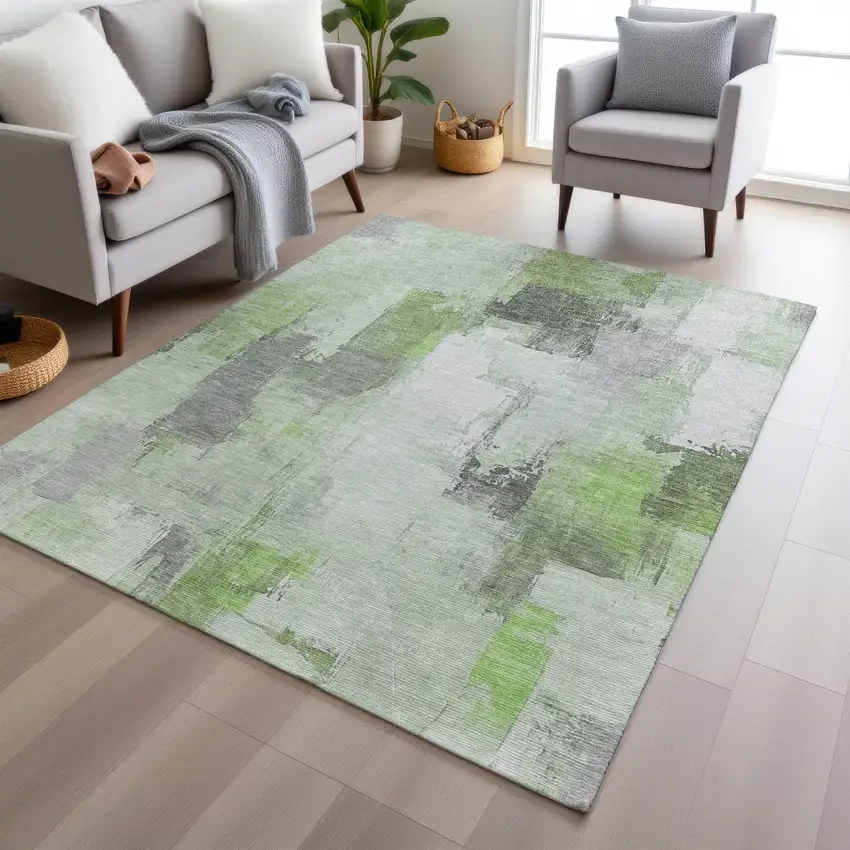 Green And Silver Abstract Washable Indoor Outdoor Area Rug Photo 6