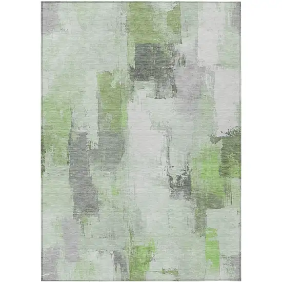 Green And Silver Abstract Washable Indoor Outdoor Area Rug Photo 1