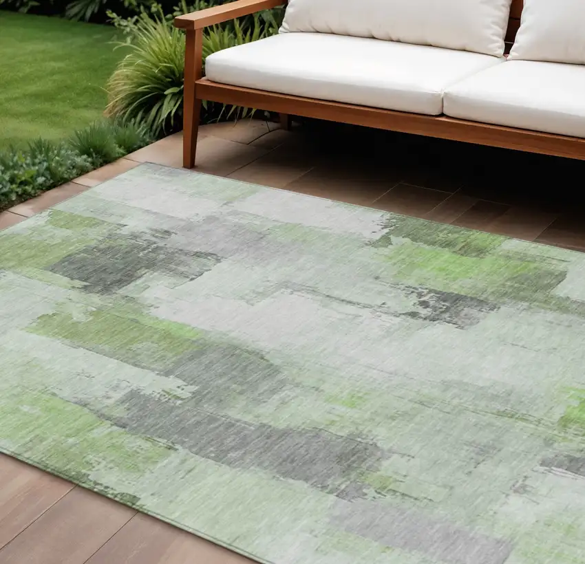 Green And Silver Abstract Washable Indoor Outdoor Area Rug Photo 2
