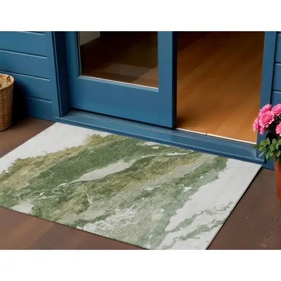 Green And Silver Abstract Washable Indoor Outdoor Area Rug Photo 2