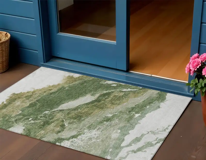 Green And Silver Abstract Washable Indoor Outdoor Area Rug Photo 2