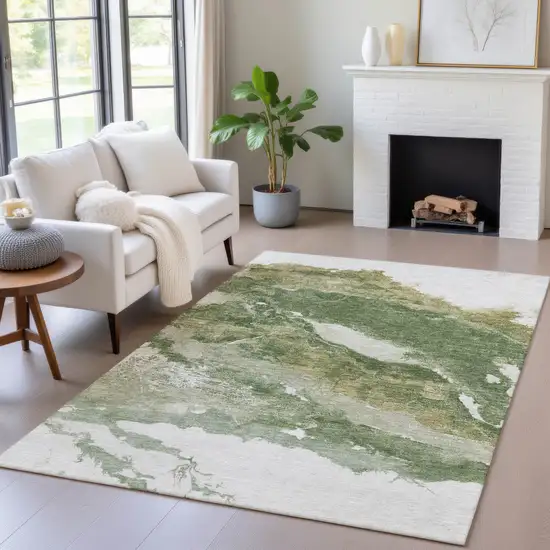 Green And Silver Abstract Washable Indoor Outdoor Area Rug Photo 5