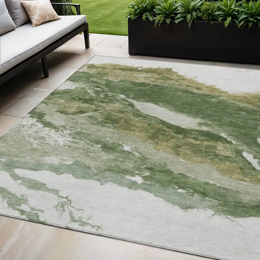 Green And Silver Abstract Washable Indoor Outdoor Area Rug Photo 2