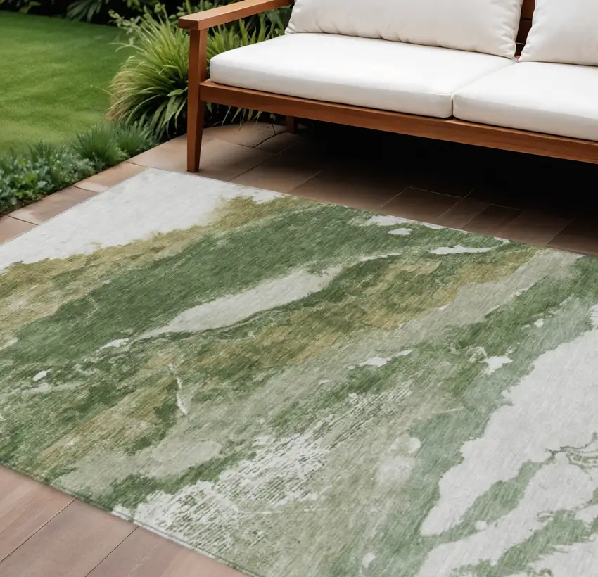 Green And Silver Abstract Washable Indoor Outdoor Area Rug Photo 2