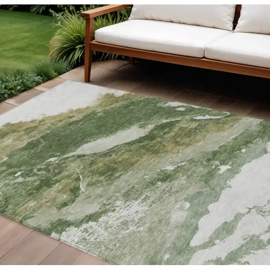Green And Silver Abstract Washable Indoor Outdoor Area Rug Photo 2